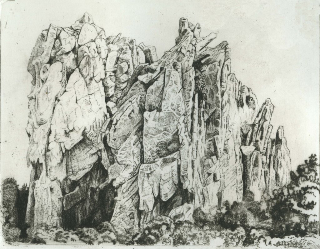 La Roccia - V. Prizia - Acquaforte, bulino, incisore elettrico. Su rame cm 11,6 x 15.