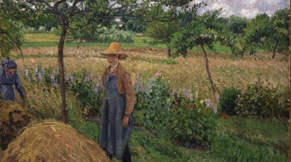 Camille Pissarro – Gardener standing by a Haystack, overcast sky, Eragny, 1899